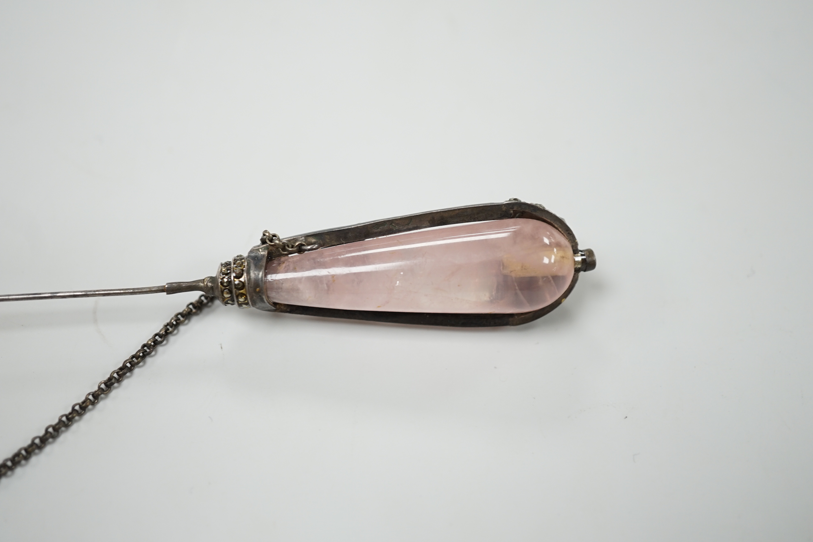 A 1920's rose quartz and marcasite set jabot? pin, 12.3cm.